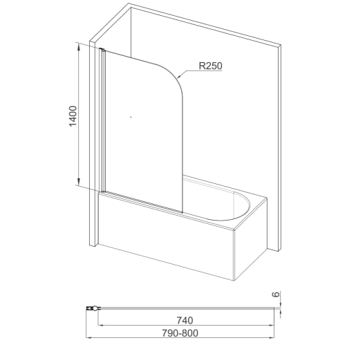 Radius Bath Screen 6mm Chrome 800 x 1400mm