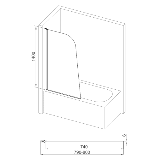 Sail Bath Screen 6mm Chrome 800 x 1400mm