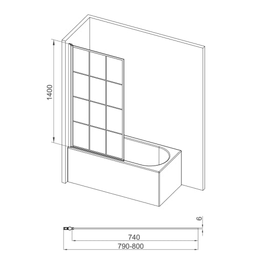 Square Grid Bath Screen 6mm Black 800 x 1400mm