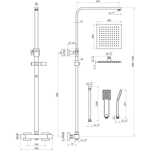 Square Thermostatic Bar Mixer with Riser Kit Brushed Brass