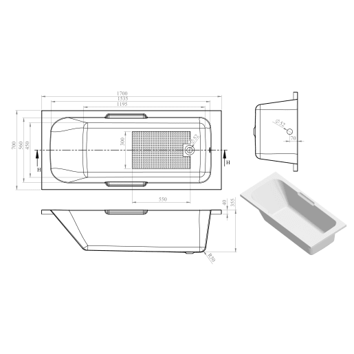 Baltimore Gripped Bath With Legs 1700 x 700 x 550mm