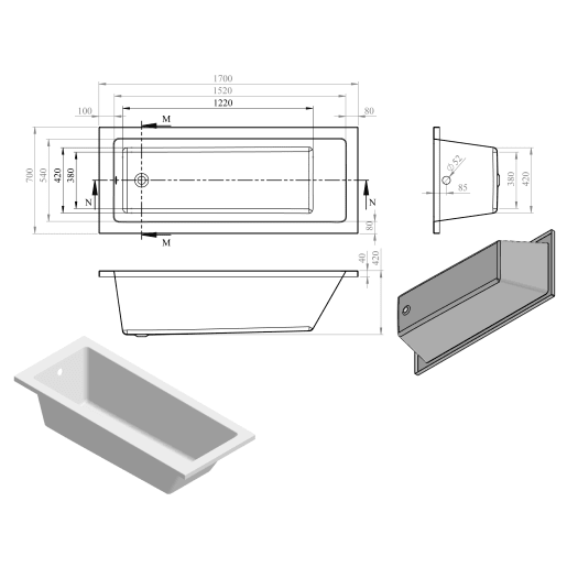Navarre Square Single End Bath With Legs 1700 x 700 x 550mm