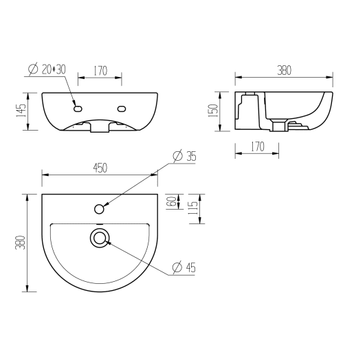 Solstice 450 x 400mm 1TH Cloakroom Basin & Black Bottle Trap