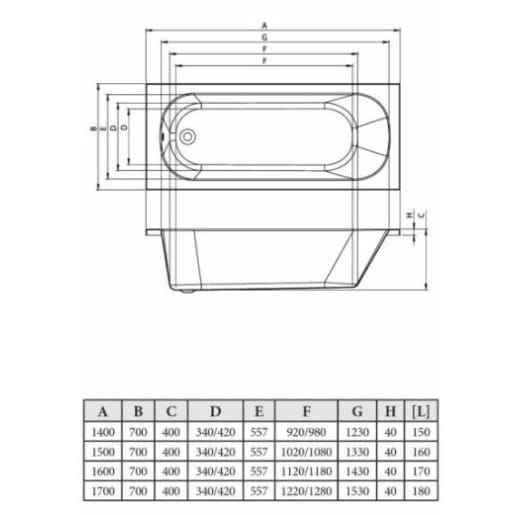 Single End Bath With Legs 1700 x 700 x 400mm