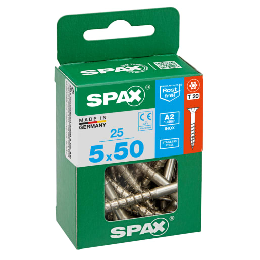 SPAX Stainless-Steel Universal Woodscrews T20 T-Star Plus Bit Recess 5.0 x 50mm Project Pack of 25