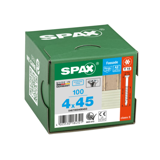 SPAX Stainless-Steel Façade Screws With Very Small Head T15 T-Star Plus Recess 4.0 x 45mm Box of 100