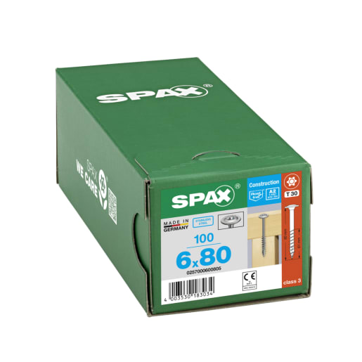 SPAX Stainless-Steel Washer-Head Construction Screws T30 T-Star Plus Recess 6.0 x 80mm Box of 100