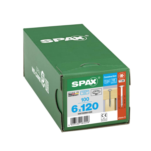 SPAXStainless-Steel Washer-Head Construction Screws T30 T-Star Plus Recess 6.0 x 120mm Box of 100
