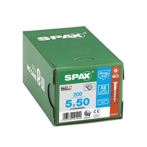 SPAX Stainless-Steel Universal Woodscrews T20 T-Star Plus Bit Recess 5.0 x 50mm Box of 200