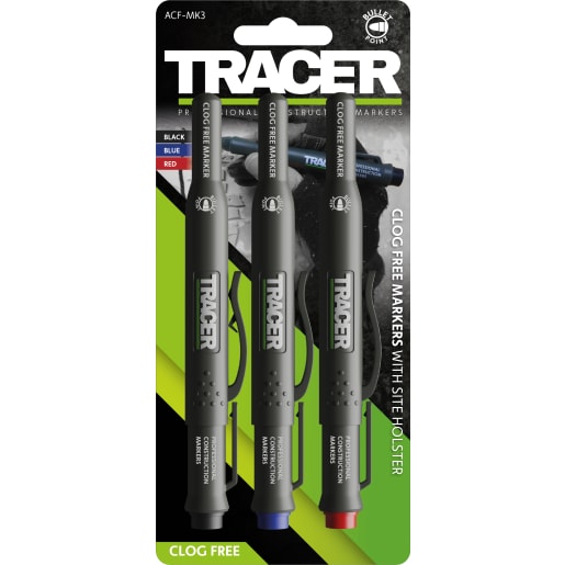 TRACER Clog Free Marker Kit - 3pc pack (1x Black / 1x Blue / 1x Red) c/w Site Holsters.