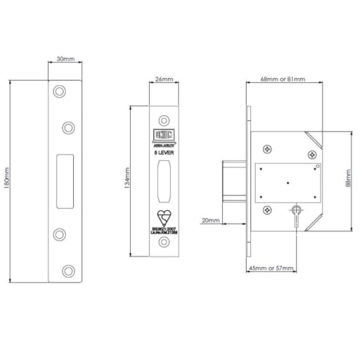 Union 2100 BS StrongBOLT 5 Lever Deadlock 81mm Satin Chrome 